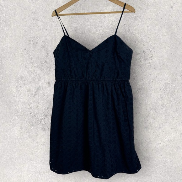 J Crew Navy Blue Eyelet Knee Length Summer Dress Womens Size XL Flare Sweetheart - Picture 11 of 14